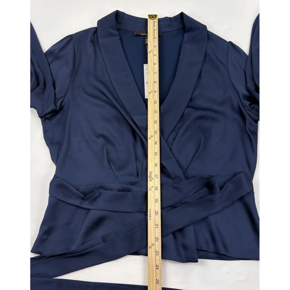 NWT White House Black Market Blue Satin Wrap Blouse Tie Waist Puff Sleeve Sz 14 - Picture 10 of 16